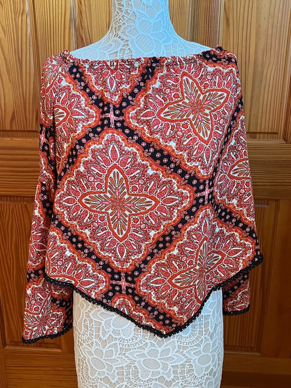 Socialite Off Shoulder Patterned Blouse with Bell Sleeves